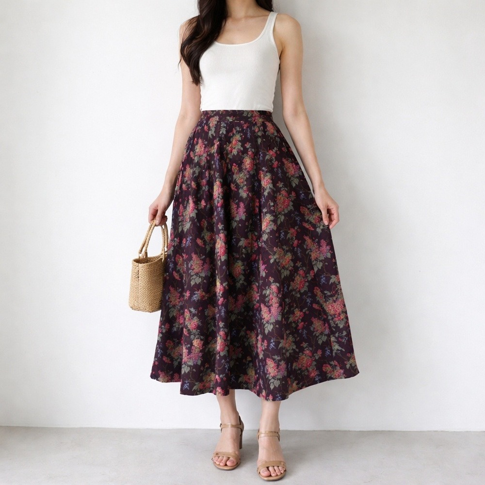 Vintage Herman Geist Floral Midi Skirt‎ 8 Purple Pleated Cottagecore Boho